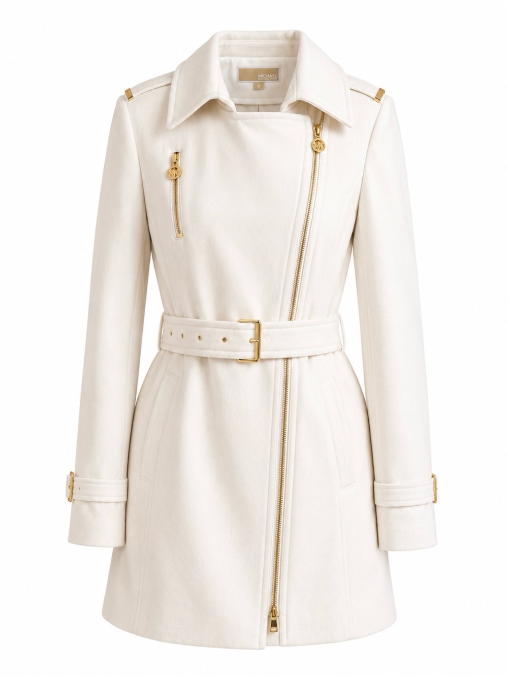 Michael Kors  Ivory Blend Moto Trench CoatGold Hardware Belted Size 6
